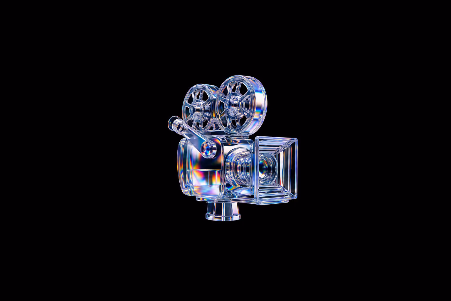 Transparent glass vintage film camera with visible reels and lens reflecting rainbow colors on a black background.