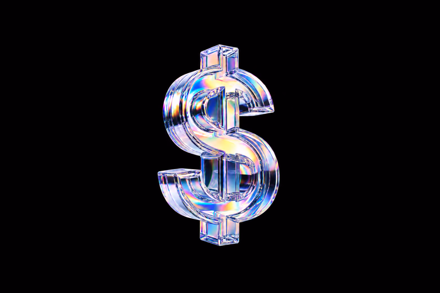Transparent, reflective 3D dollar sign with iridescent colors against a black background.