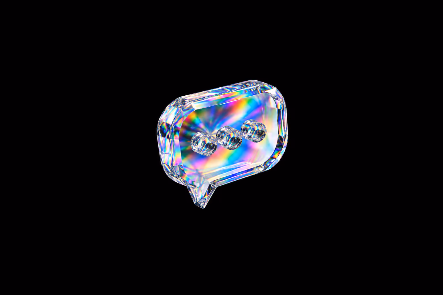 Transparent 3D speech bubble icon with three dots inside, displaying a prism-like rainbow color effect on a black background.