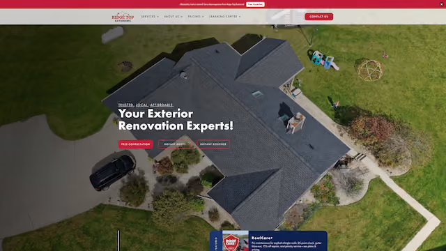 Aerial view of a residential house with a dark roof surrounded by green lawn, driveway with a black vehicle, and garden with outdoor play equipment, featuring overlay text promoting exterior renovation experts.