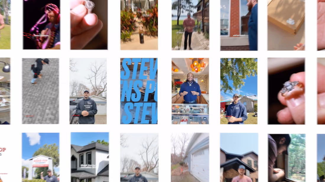 Screenshot of a social media profile grid showing various video thumbnails featuring a man in casual wear outside houses, a man in a jewelry store, close-ups of jewelry, and outdoor scenes with trees and buildings.