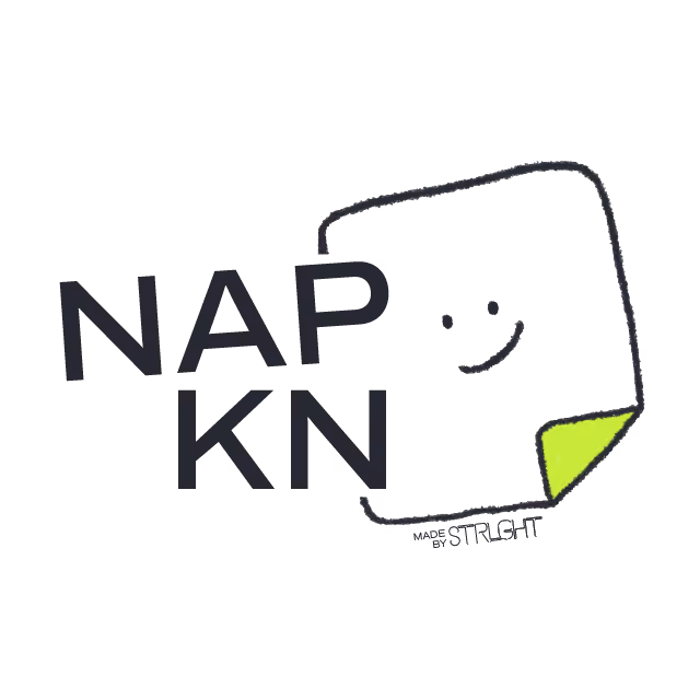 Logo with the word NAPKN split in two lines, accompanied by a stylized smiling napkin with a green corner and the text MADE BY STRAIGHT below.