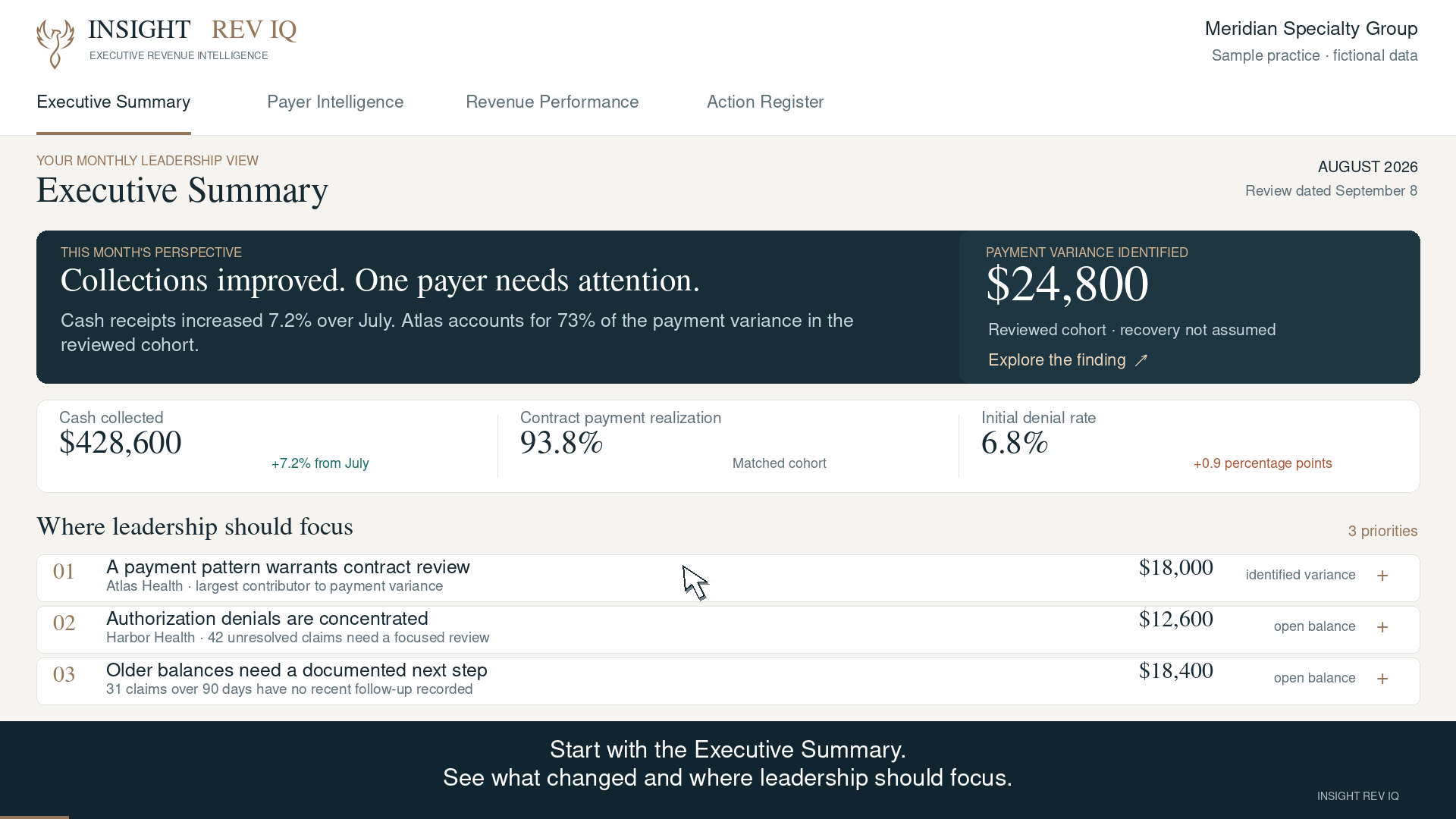 Fictional Insight Rev IQ executive summary showing payer findings and leadership priorities.