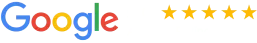 Google logo with a 5.0 average rating displayed as five gold stars.
