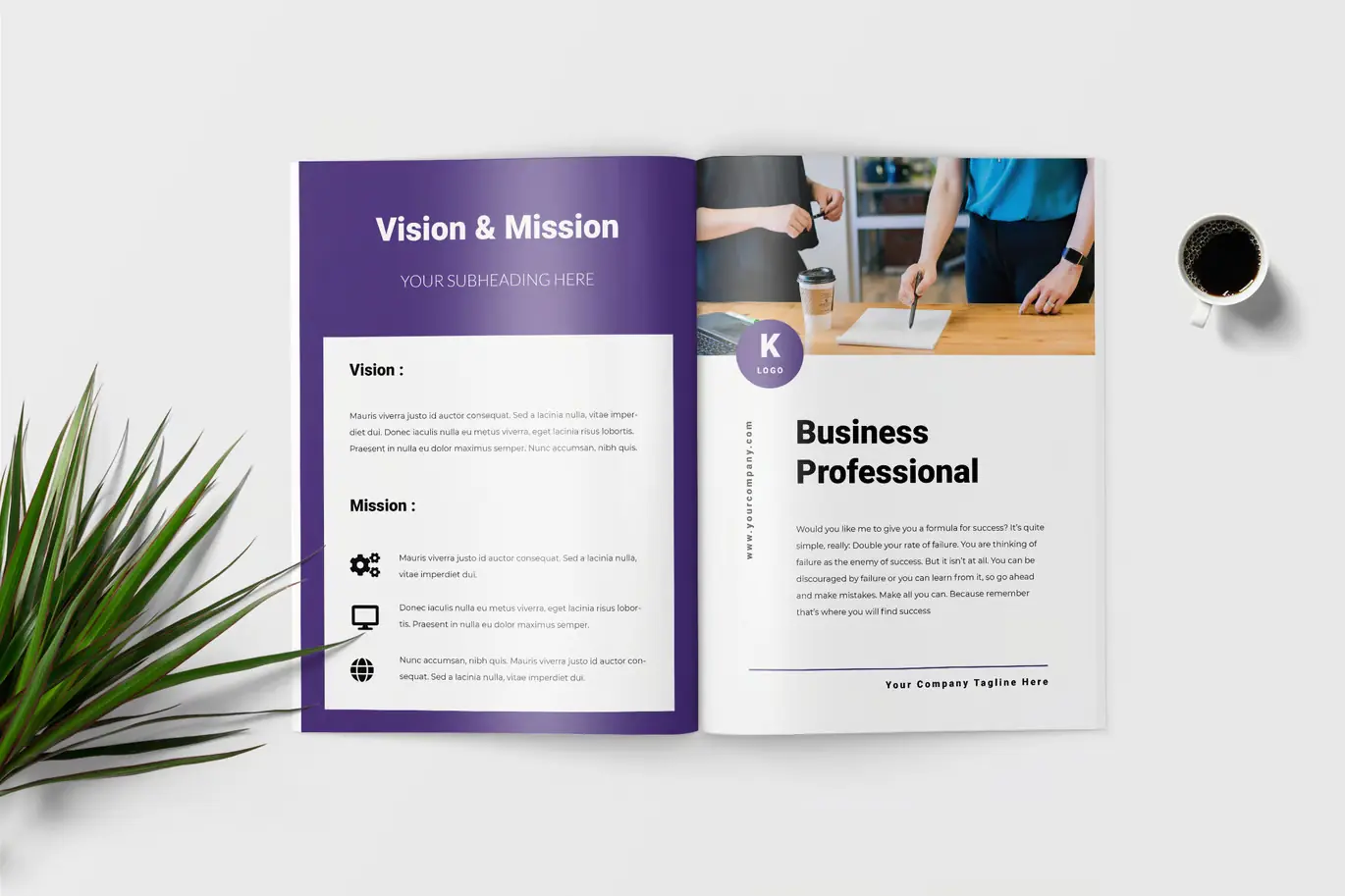 Open business brochure on a white surface next to a green plant and a cup of black coffee, left page titled Vision & Mission with placeholder text and icons, right page titled Business Professional with photo of two people at a desk, one holding a pen.