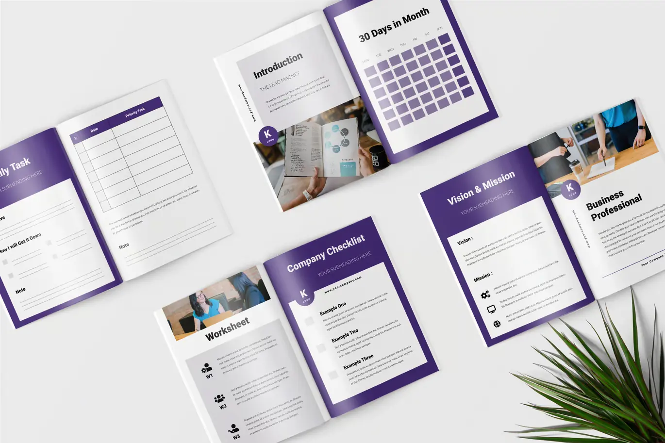 Arrangement of open business planning booklets on a white surface, featuring sections titled Introduction, 30 Days in Month calendar, Company Checklist, Vision & Mission, Worksheet, and Business Professional, with purple borders and a green plant visible in the bottom right corner.