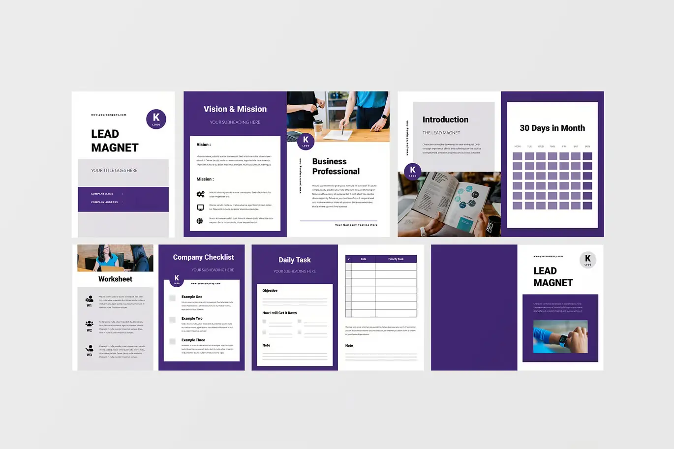 A multi-page professional purple and white lead magnet template featuring sections titled Lead Magnet, Vision & Mission, Business Professional, Introduction, 30 Days in Month calendar, Worksheet, Company Checklist, Daily Task, and a page for notes or tasks, with some pages including placeholder text and images of people working and reading.