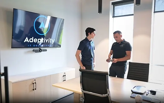 Two men in a modern office room with large windows, one holding a smartphone and the other standing nearby, a TV screen on the wall displays the Adeptivity IT Solutions logo.