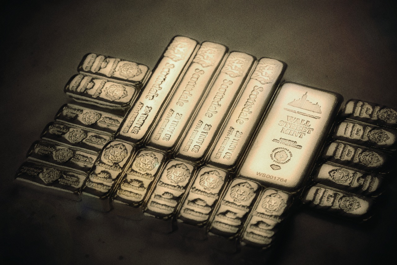 Rows of stamped silver bullion bars
