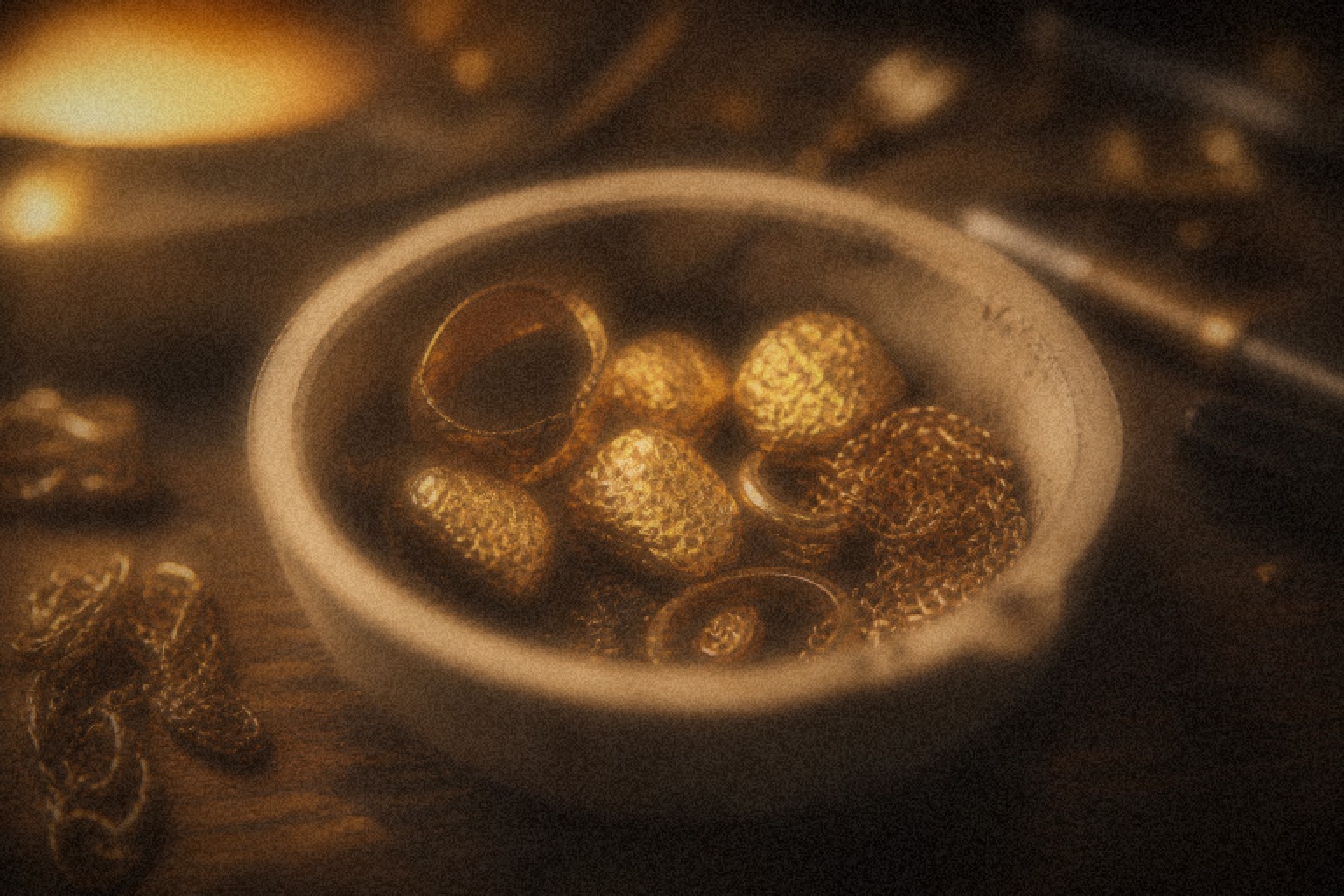 Rough gold nuggets on a stone surface