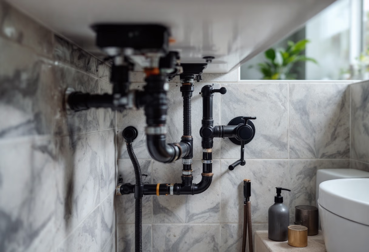image of plumber working under a sink
