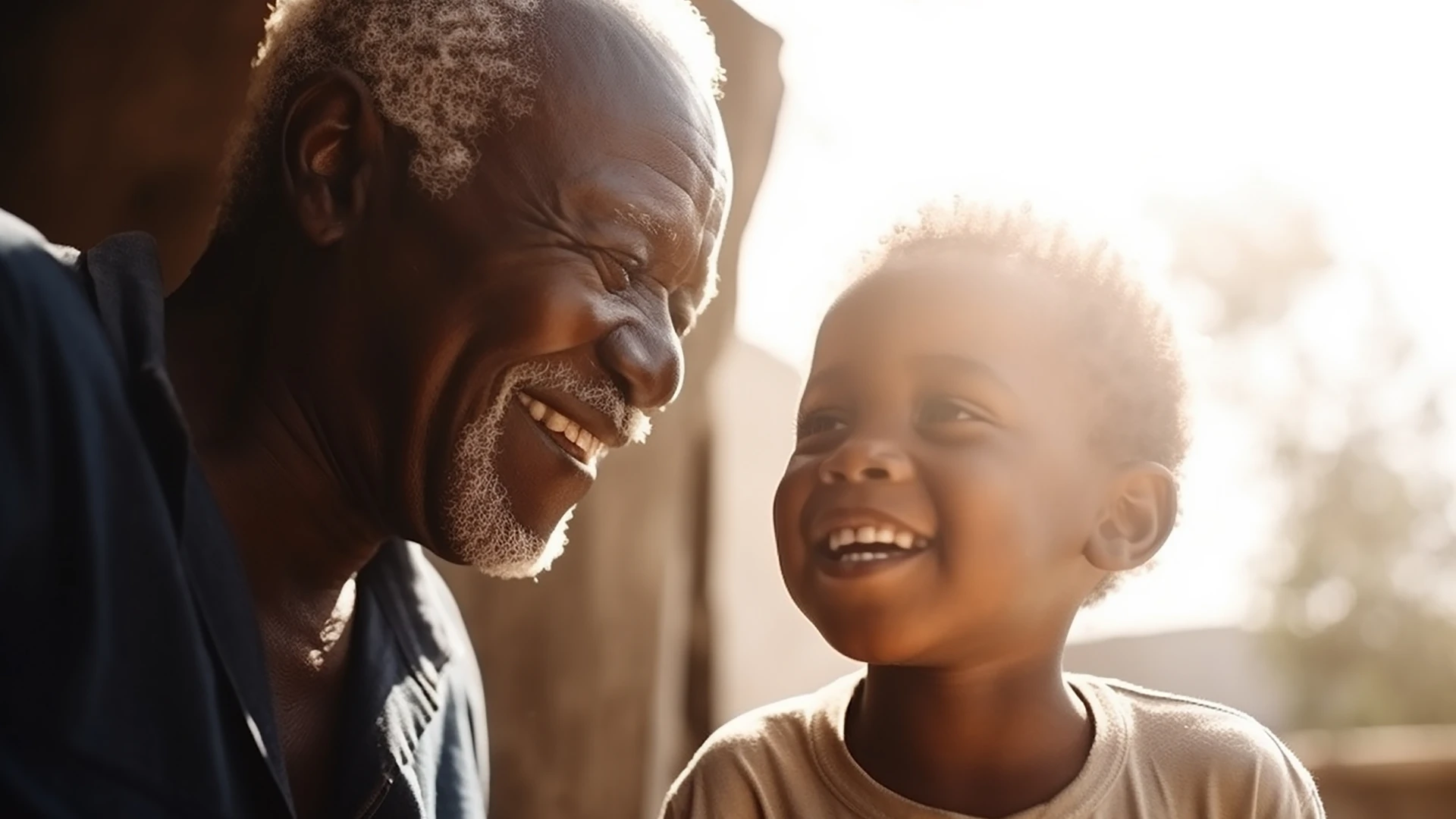 Older man and young child smiling at each other in warm sunlight.