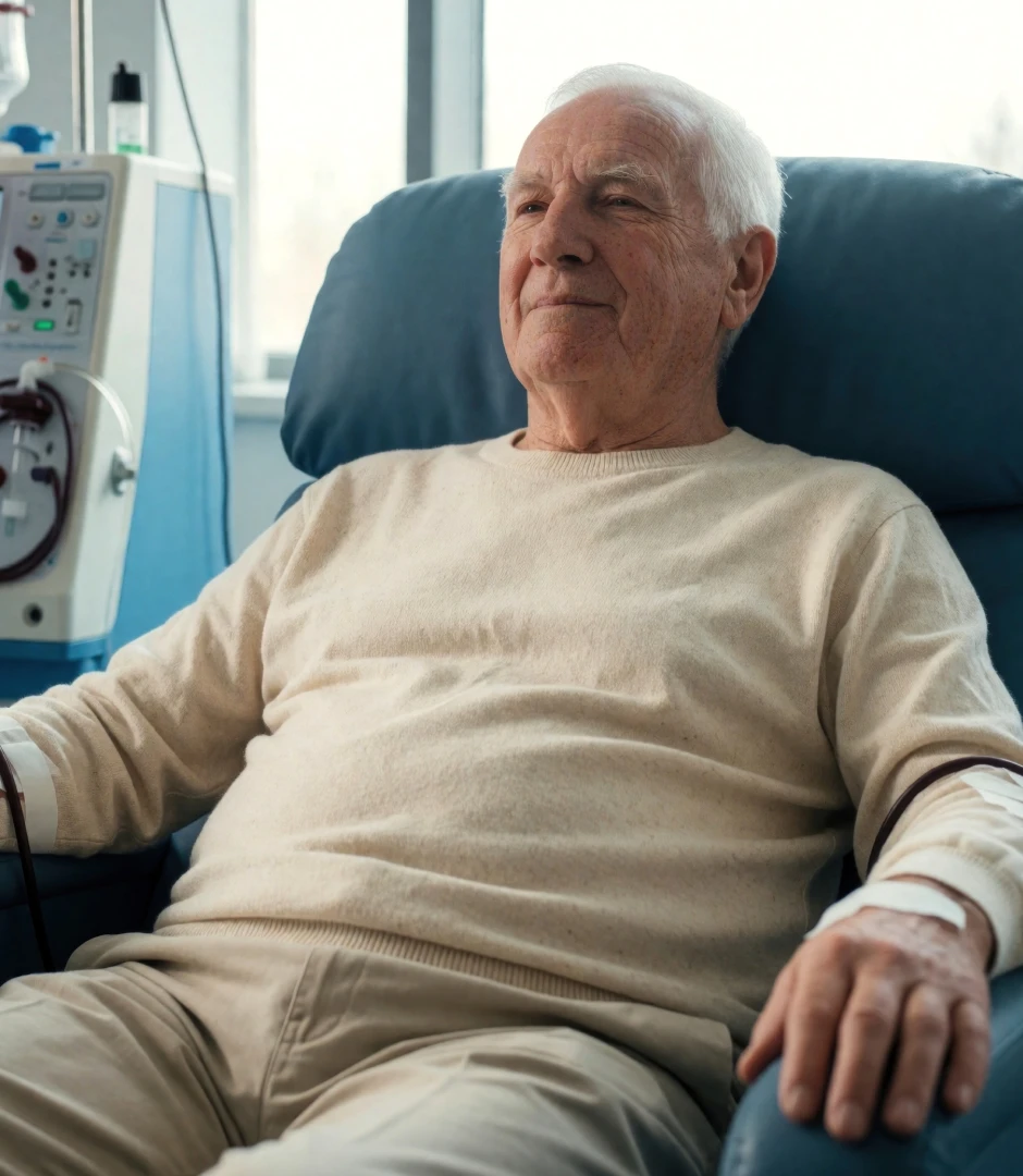 Elderly man sitting in a chair undergoing dialysis treatment connected to a dialysis machine by tubes in a medical setting.