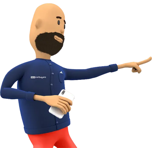 1800 Car Buyers character pointing to the side