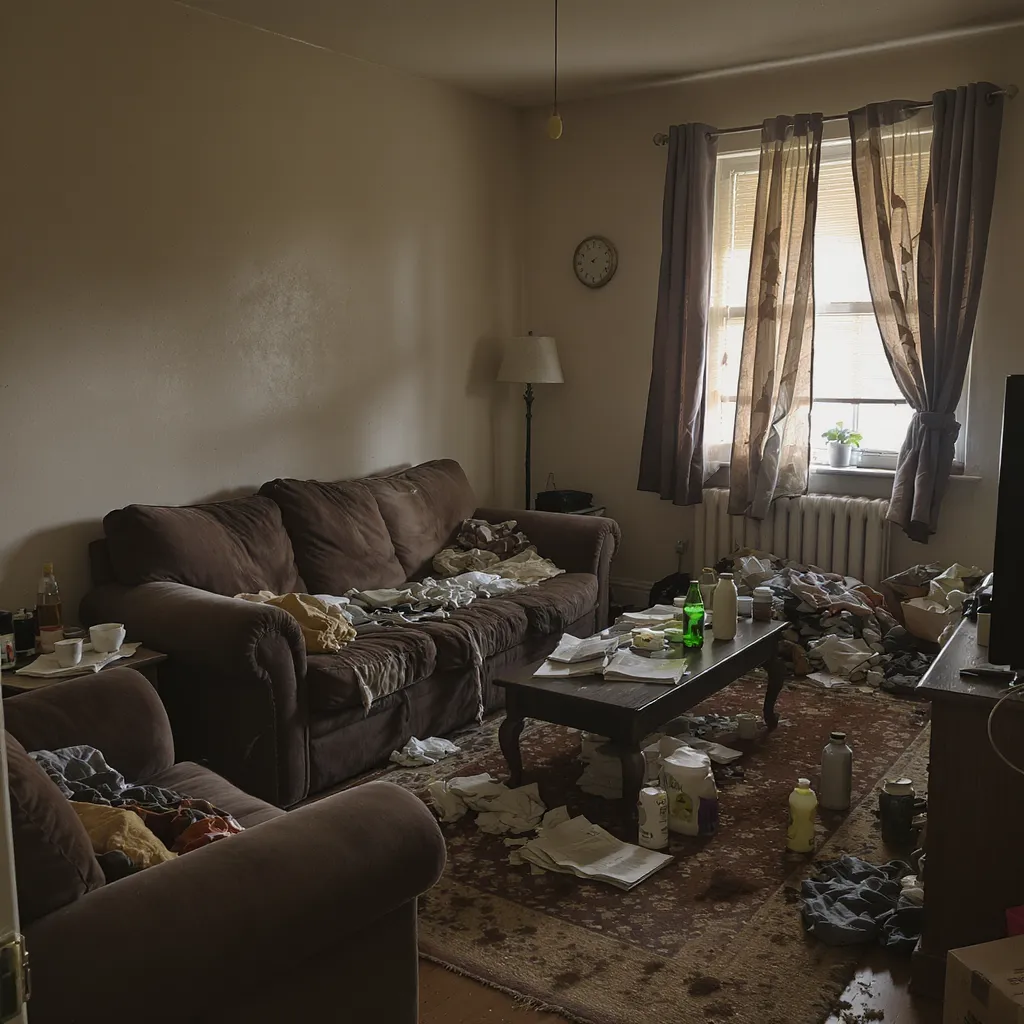Messy living room featuring a couch, coffee table, and a television, with scattered items on the floor.