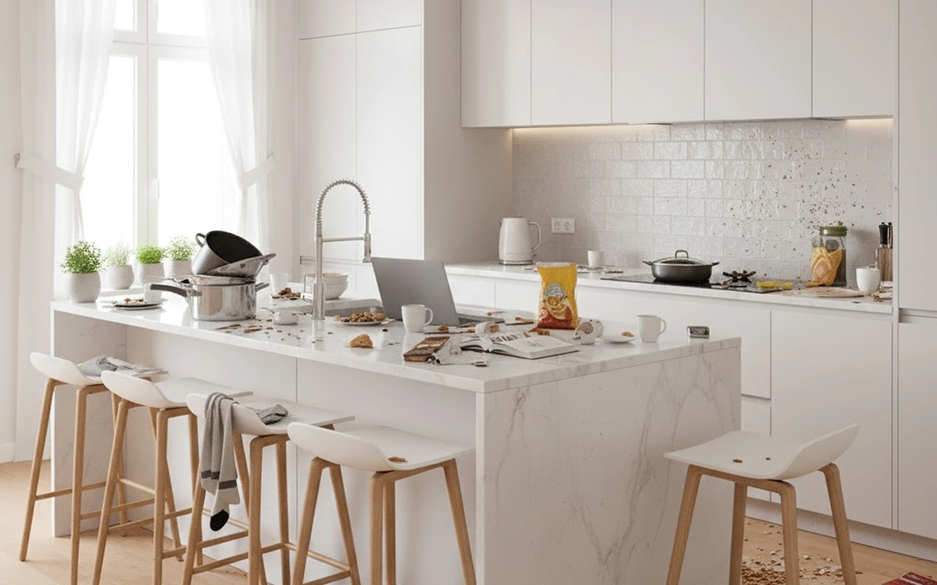 An image of a  cluttered dining room 