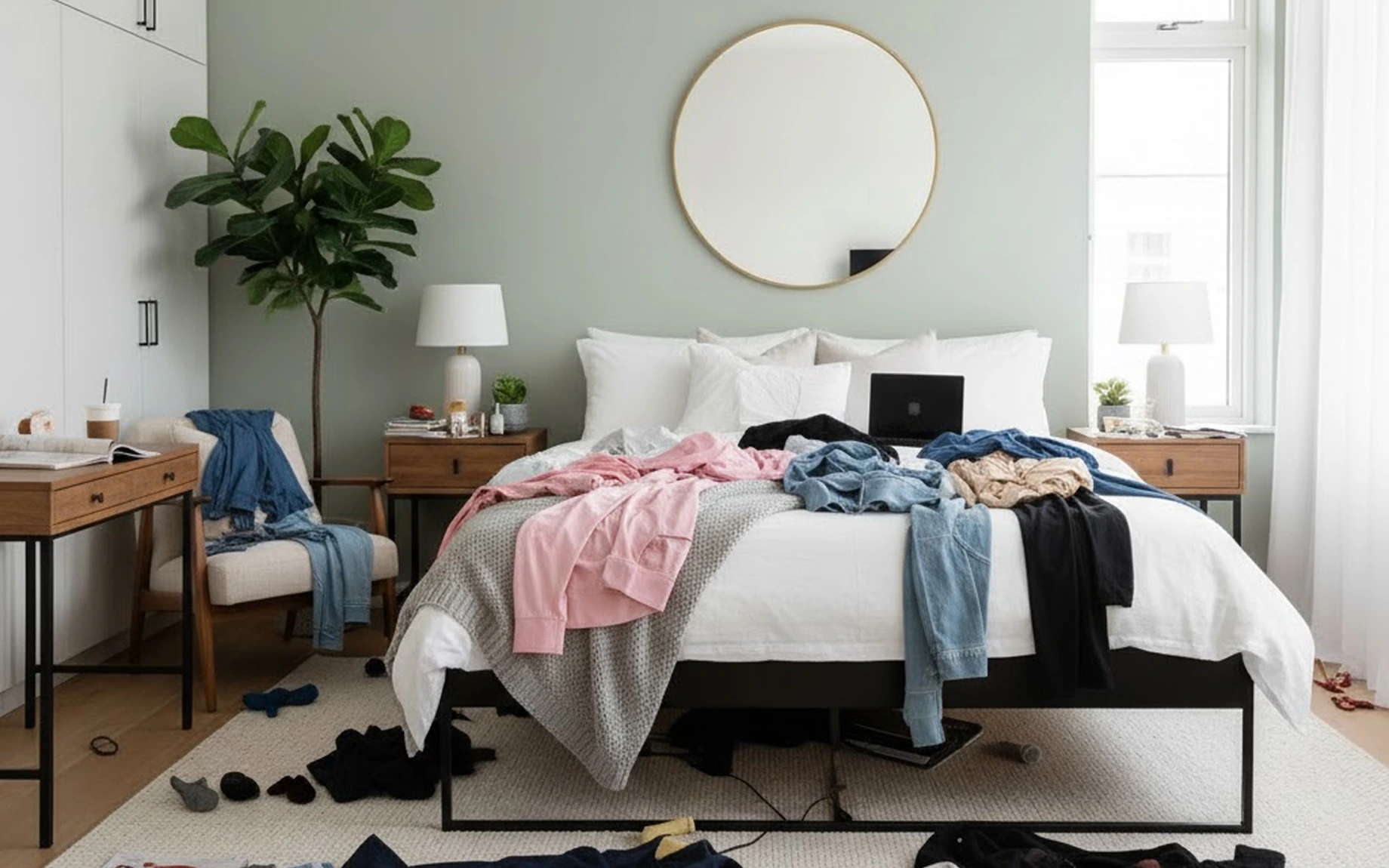 A cluttered bedroom featuring a disorganized desk and an unmade bed.