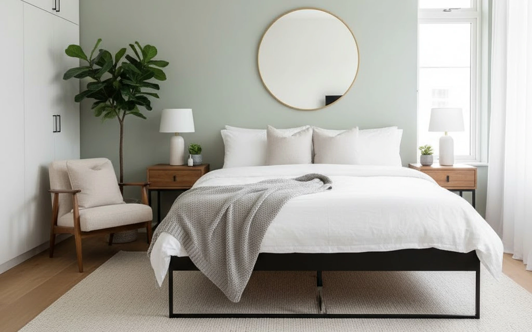 A small bedroom featuring a bed, a desk, and a window allowing natural light to enter the space.
