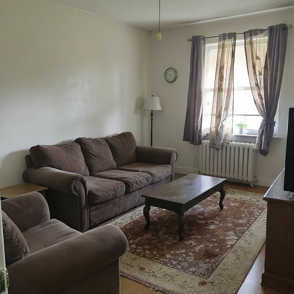 A cozy living room featuring a couch, a coffee table, and a television against a neutral wall.