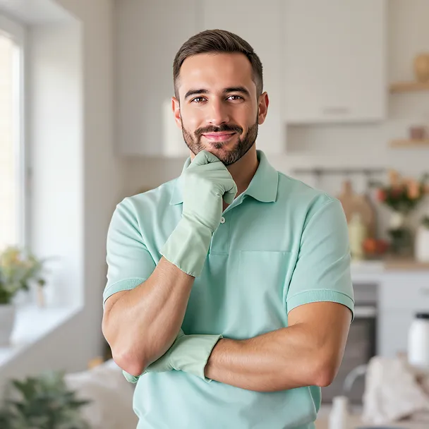 A man wearing a green shirt and gloves stands in a kitchen, preparing food or cleaning.
