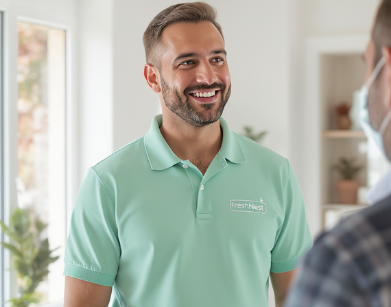 Smiling man wearing a light green FreshNest polo shirt inside a bright room, talking to another person.
