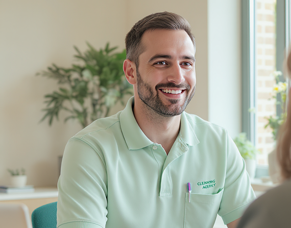 Smiling man in a light green polo shirt with 'Cleaning Agency' logo, sitting indoors near a window during a conversation.