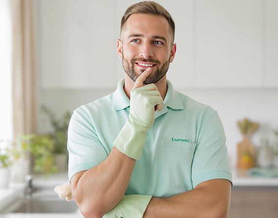 Smiling man in light green cleaning gloves and polo shirt standing in a bright kitchen, touching his chin thoughtfully.