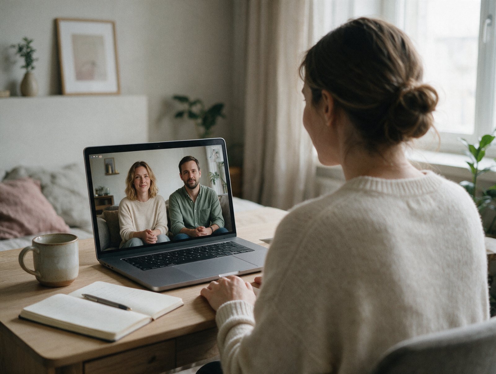 Eine Beraterin sitzt von hinten gesehen am Schreibtisch vor einem Laptop und führt eine Online-Sitzung mit einem Paar, daneben Kaffeetasse und Notizbuch.