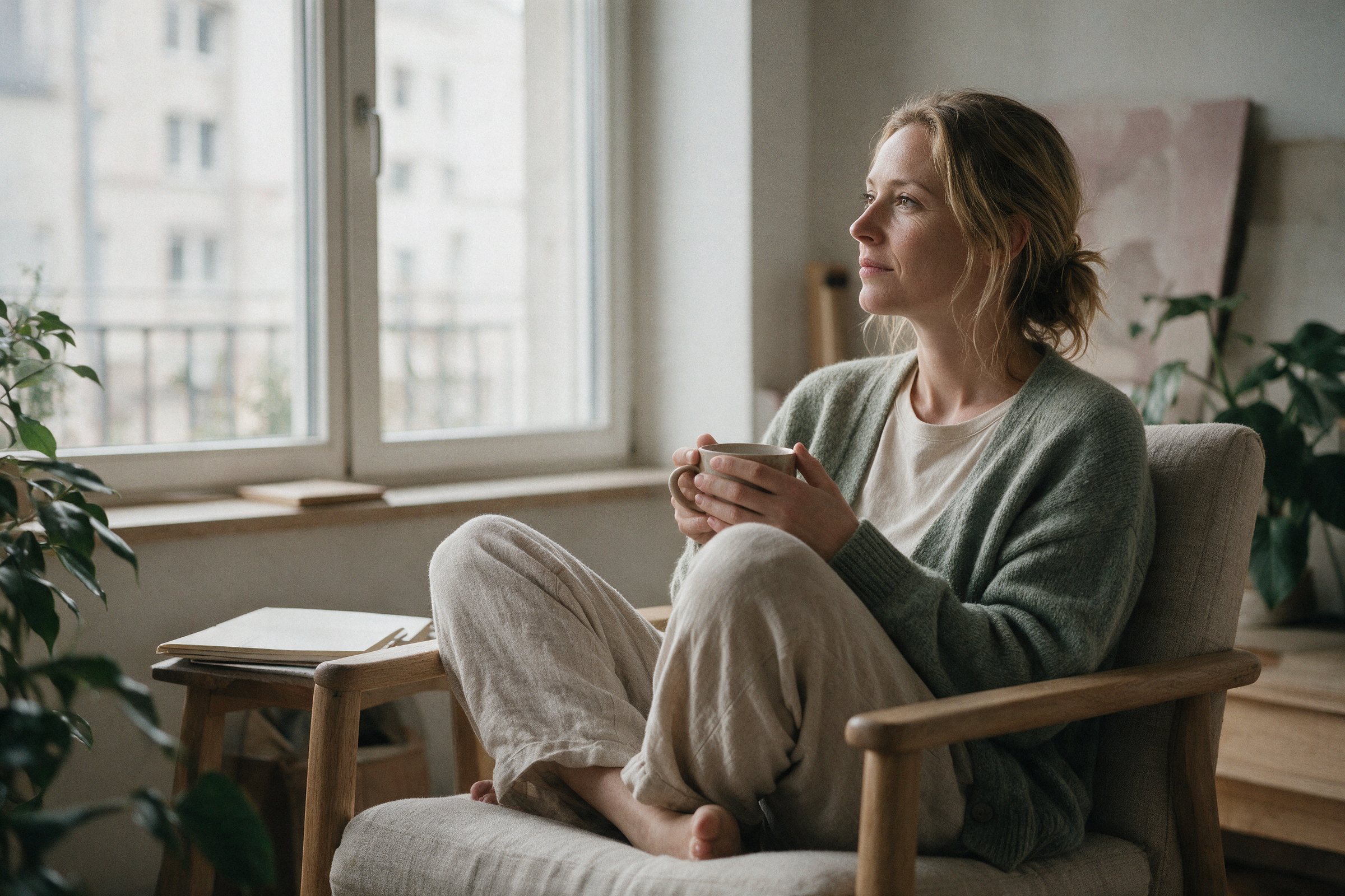Eine Frau sitzt allein in einem Sessel am Fenster ihrer Wohnung, hält eine Tasse mit beiden Händen und schaut nachdenklich hinaus.