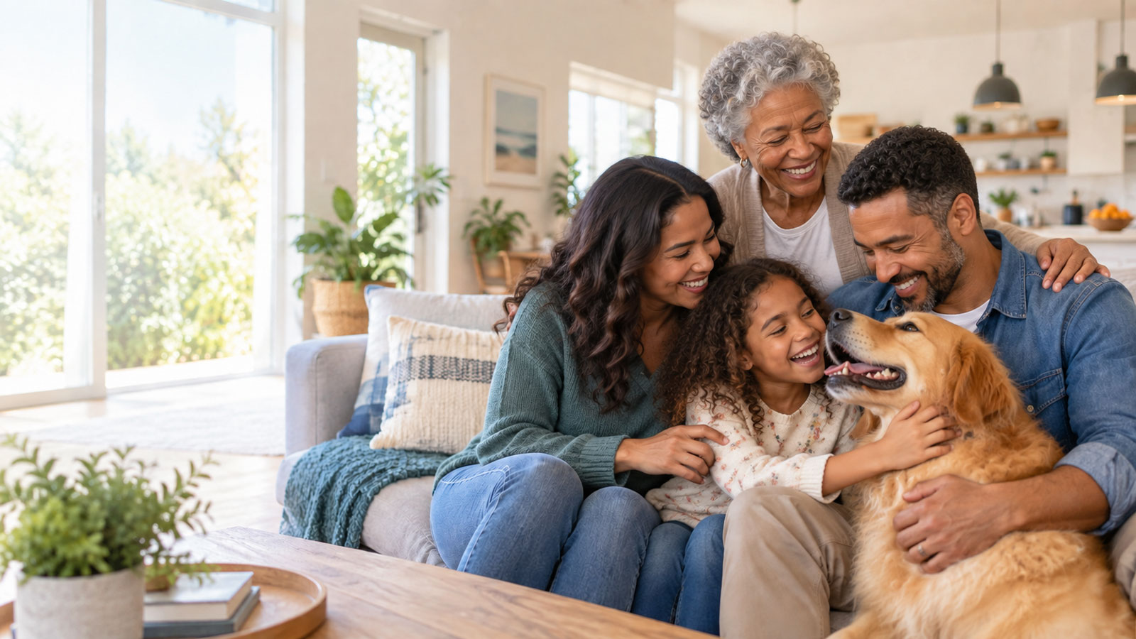 Family with dog in the living room