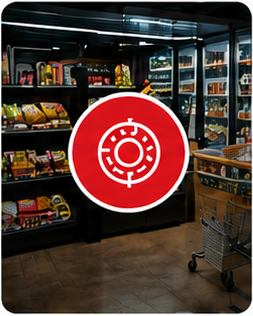 Convenience store interior with packaged foods and beverages