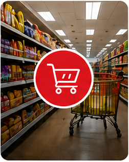 Grocery store aisle with a shopping cart