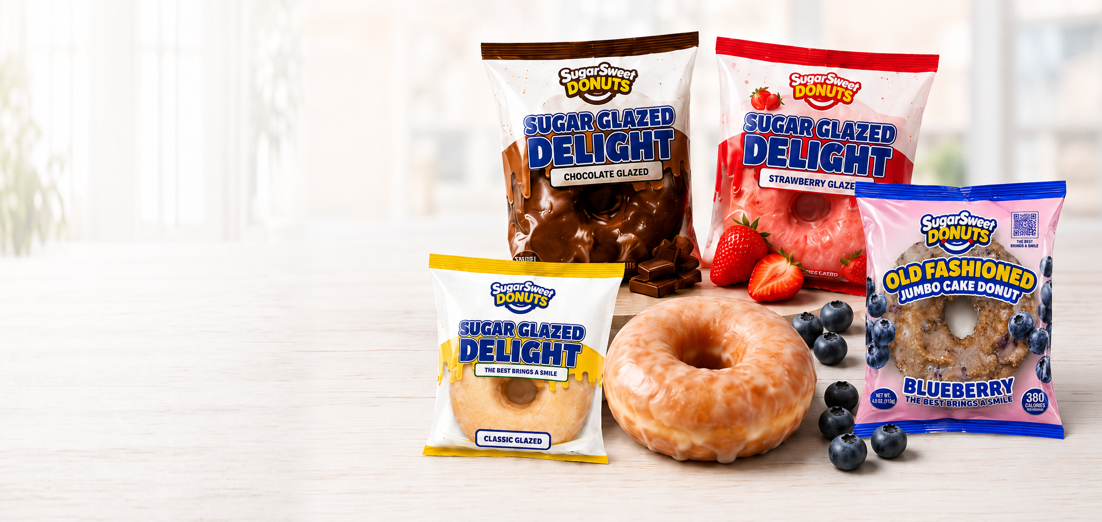 Sugar Sweet packaged chocolate, strawberry, classic glazed and blueberry donuts with a glazed donut
