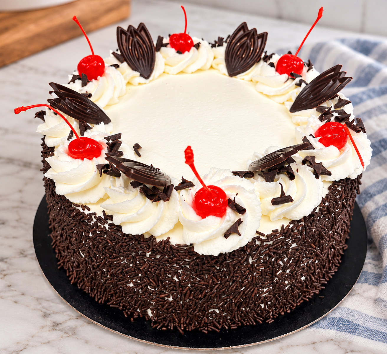 Chocolate-coated cakes topped with piped cream in the bakery display