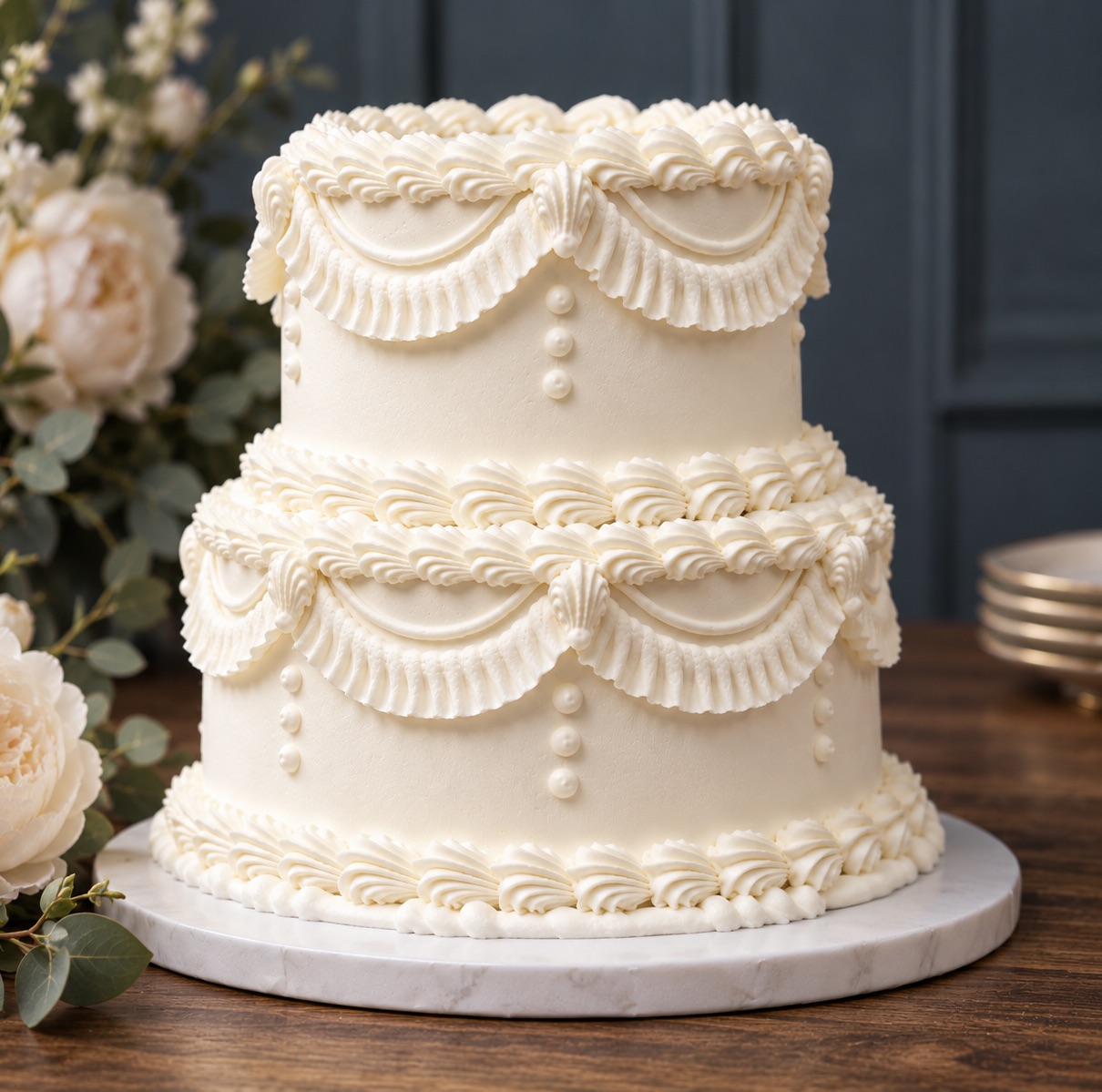 A two tier white buttercream wedding cake decorated with roses and greenery
