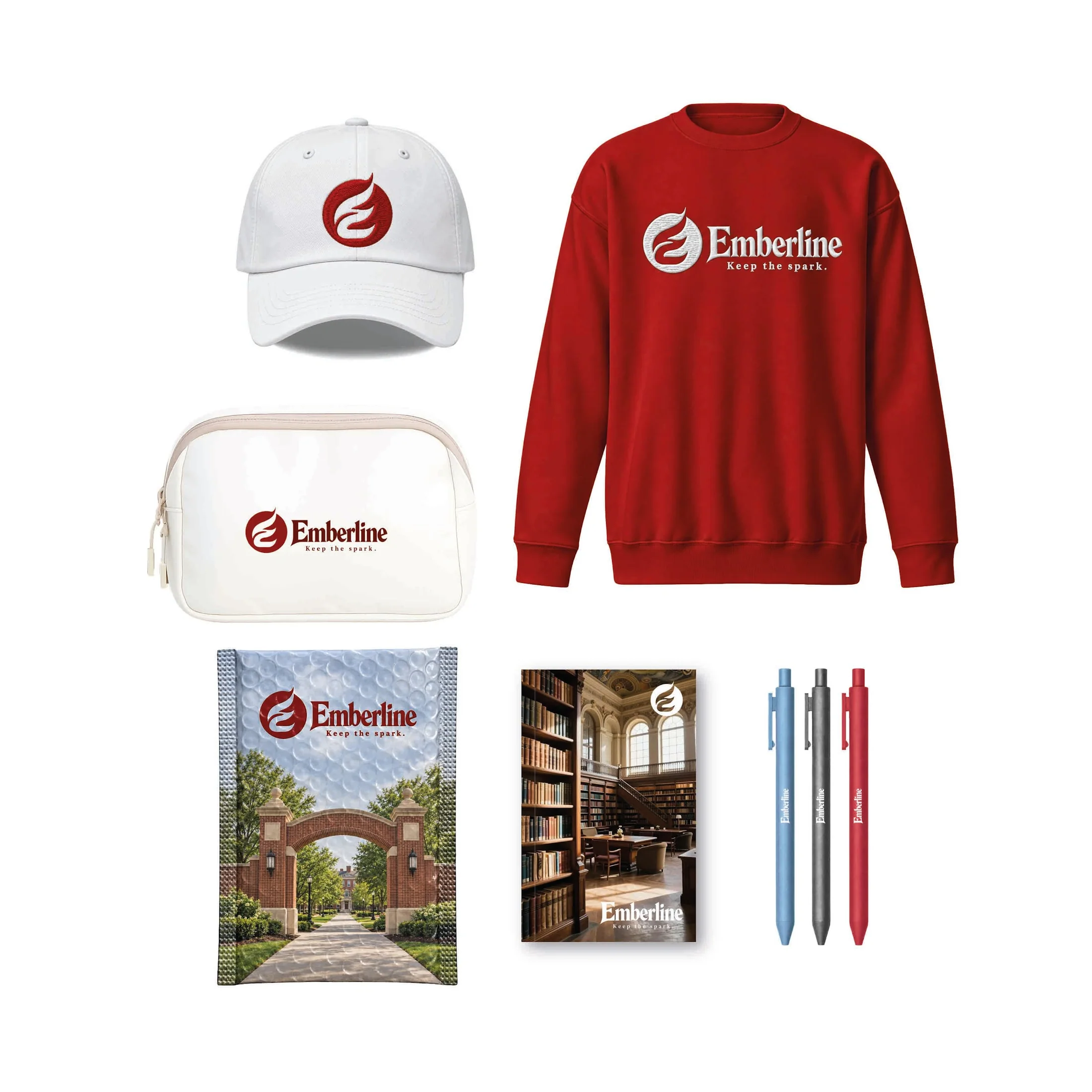 A chart-style flat lay of branded merchandise including a cap, tote bag, mug and hoodie