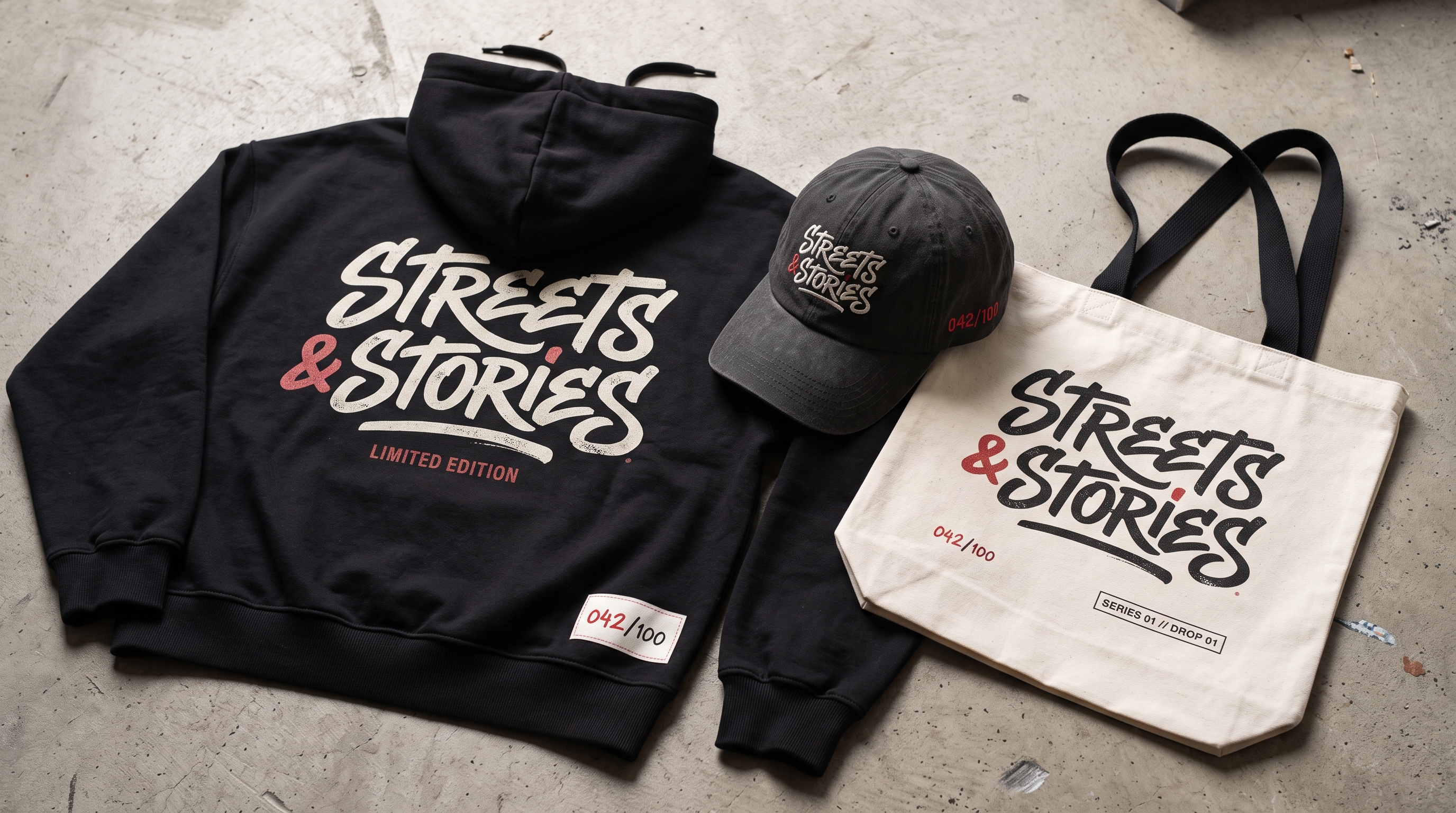 A limited edition numbered hoodie, cap and tote bag displayed together as a branded merch drop