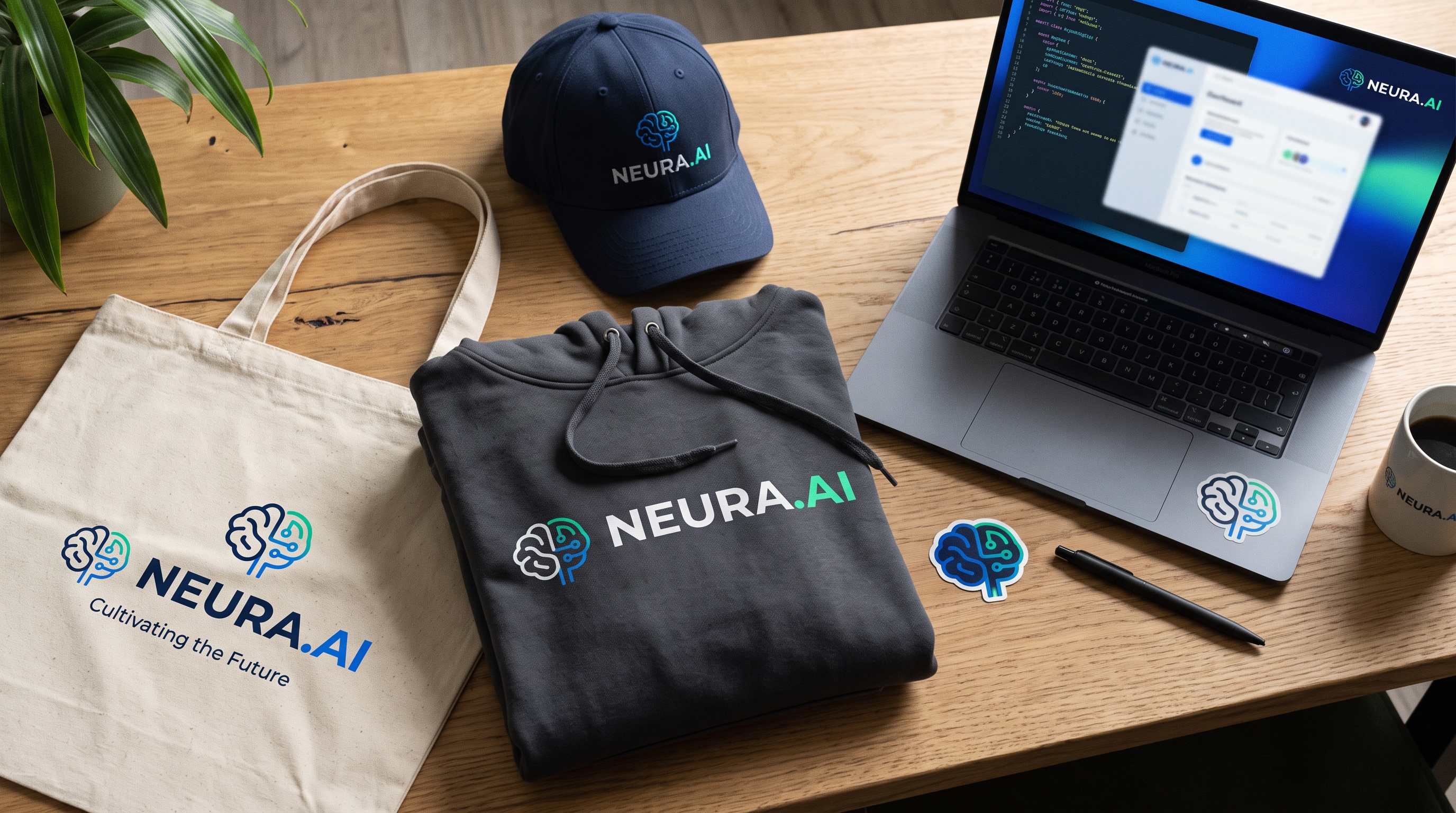 A small set of startup merch, including a heavyweight hoodie, cap and tote, laid out next to a laptop