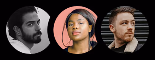 Three diverse young adults with different backgrounds in circular frames on a black background.