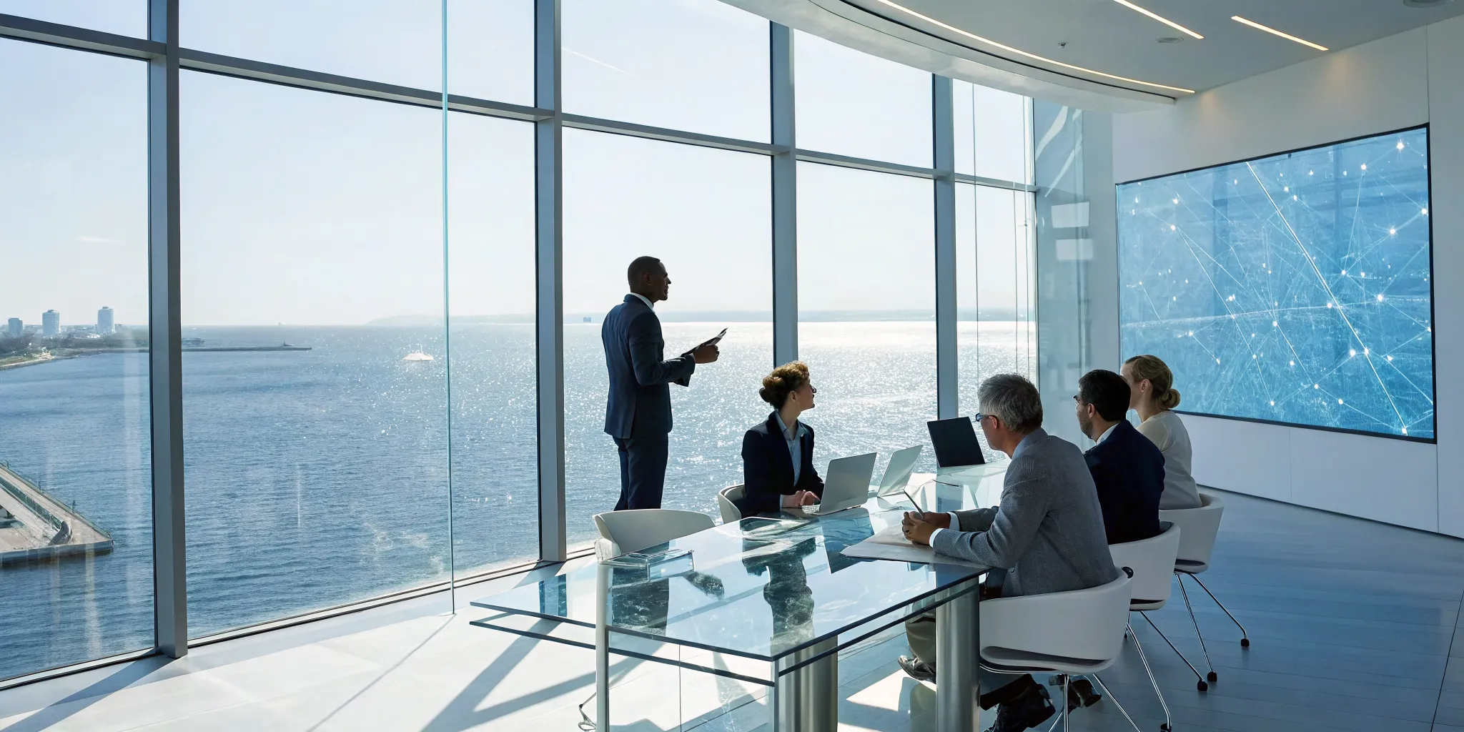 Business team in a modern office discussing the benefits of nearshore outsourcing.