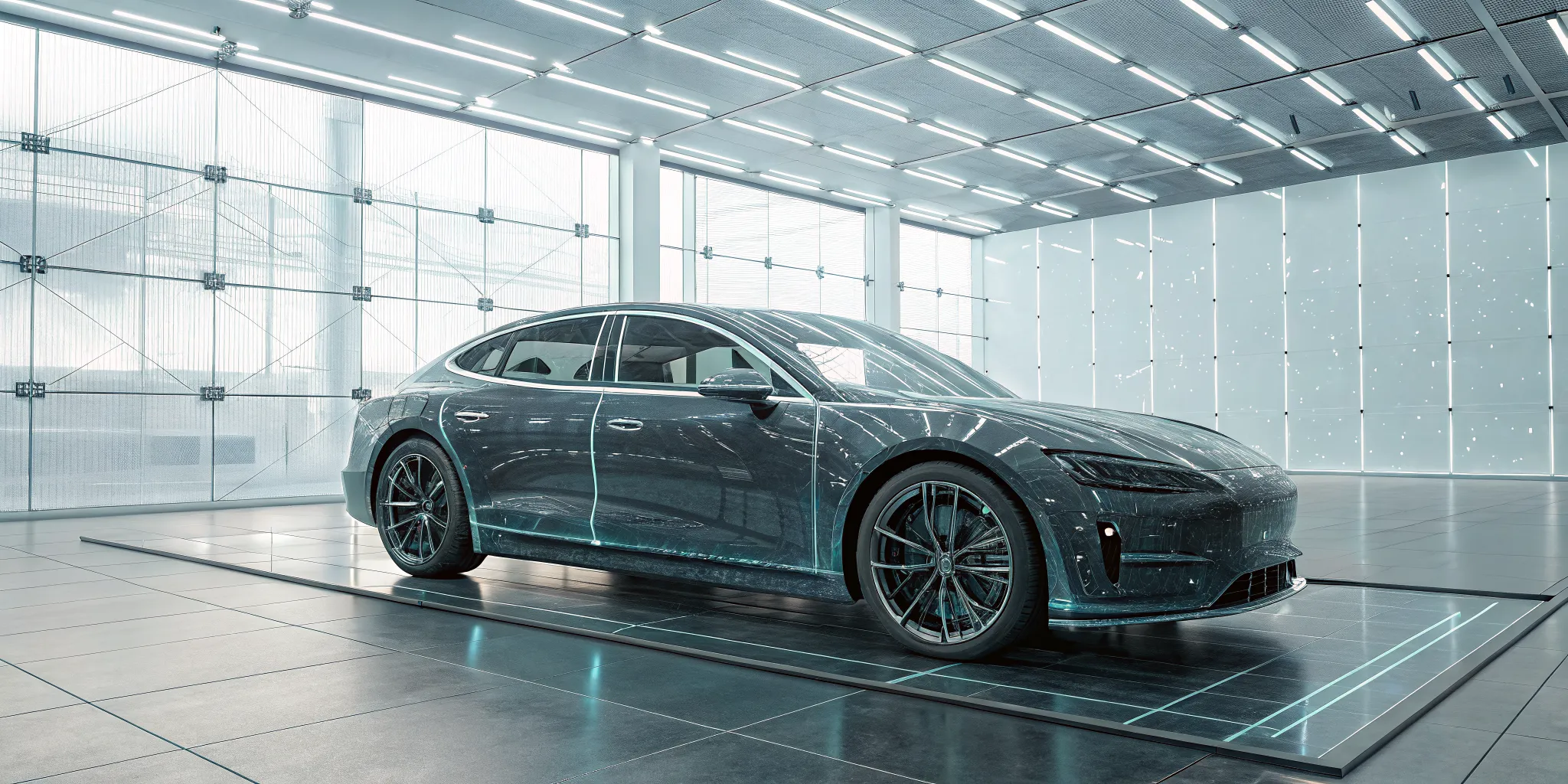 Modern car in a showroom, a result of automotive software development.