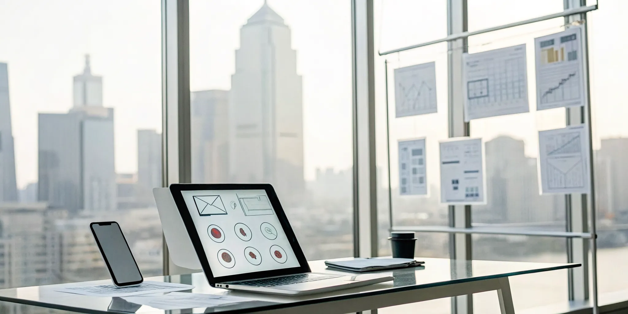 A desk with a laptop and charts used for planning an outsourcing app development project.