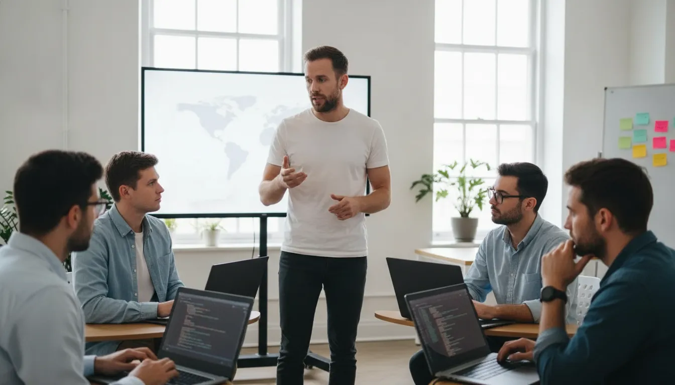 Engineering leader collaborating with a distributed nearshore development team