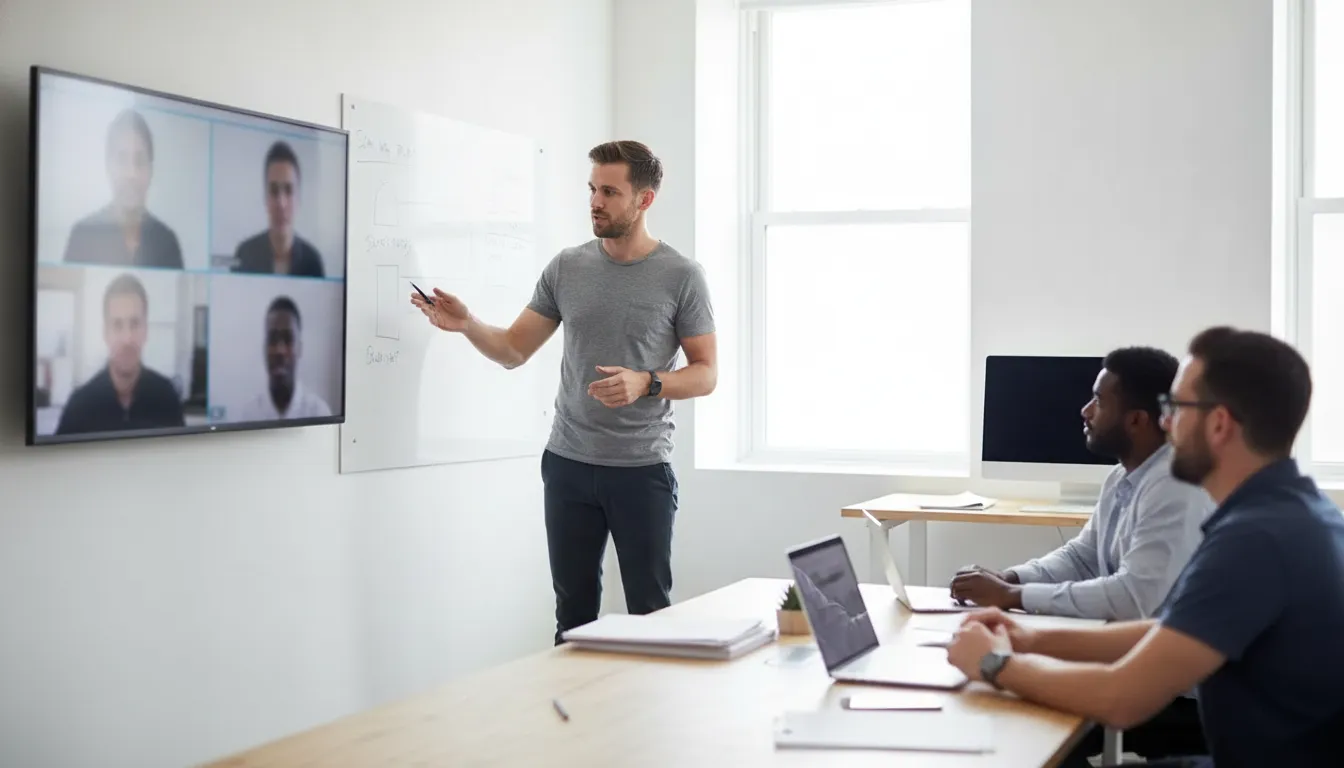 Engineering leader working with a distributed nearshore development team in a modern office