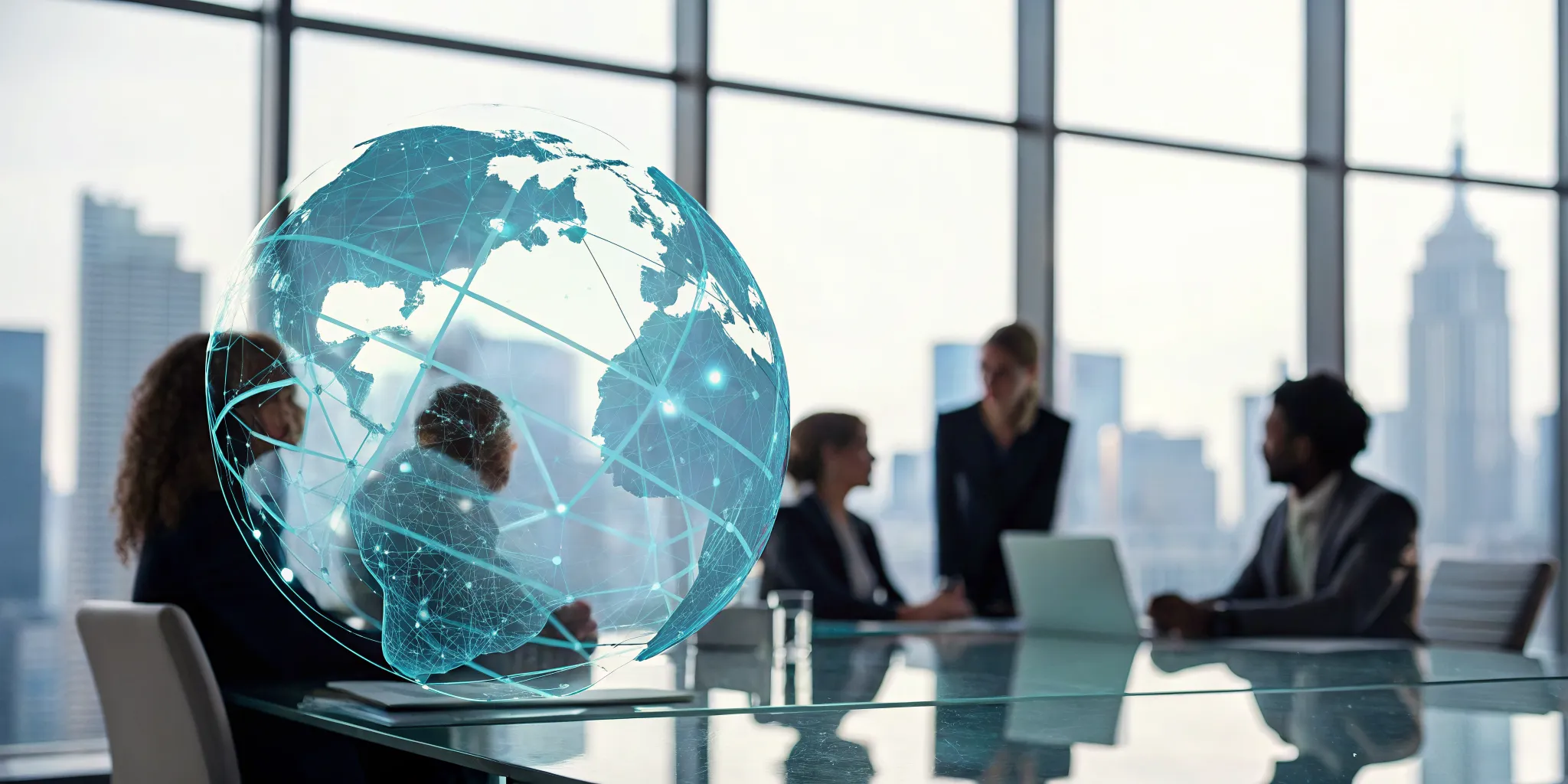 A team plans a global software outsourcing strategy in a meeting with a digital globe.