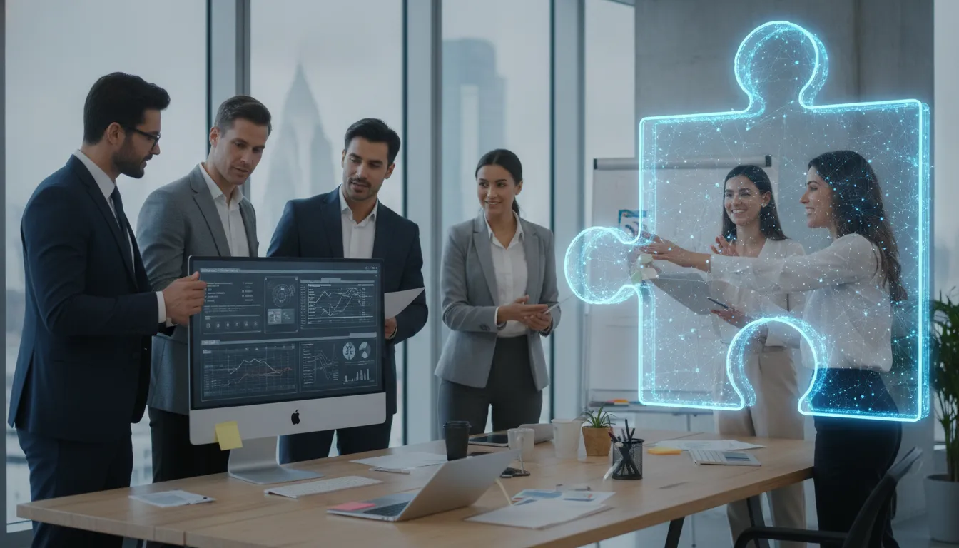 A team plans their IT staff augmentation strategy, using a digital puzzle piece on a screen.