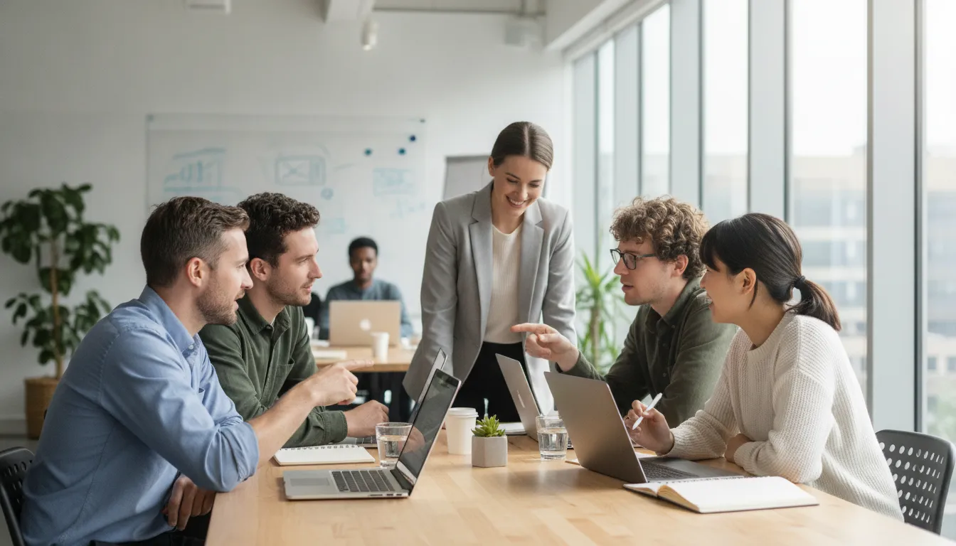 Senior engineering team collaborating in a modern office