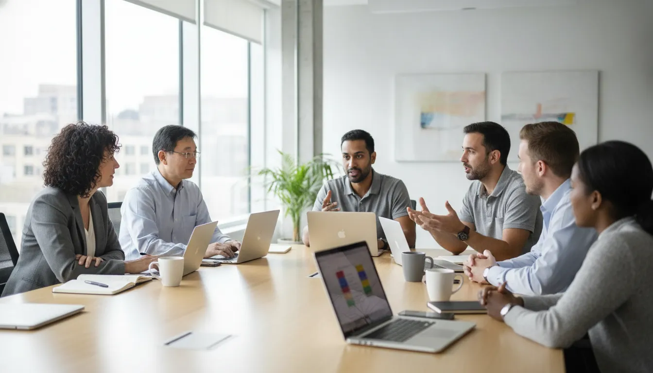 Engineering leaders collaborating with a senior software engineer