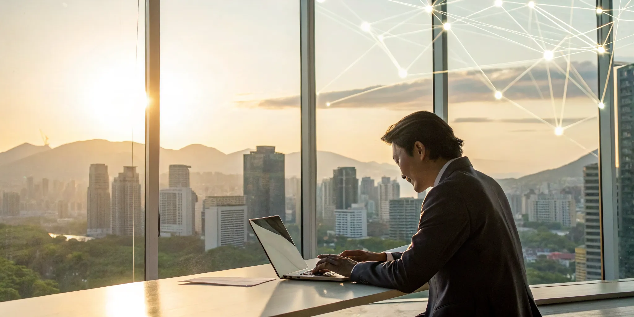 A manager in a modern office uses a laptop to hire developers in Latin America.