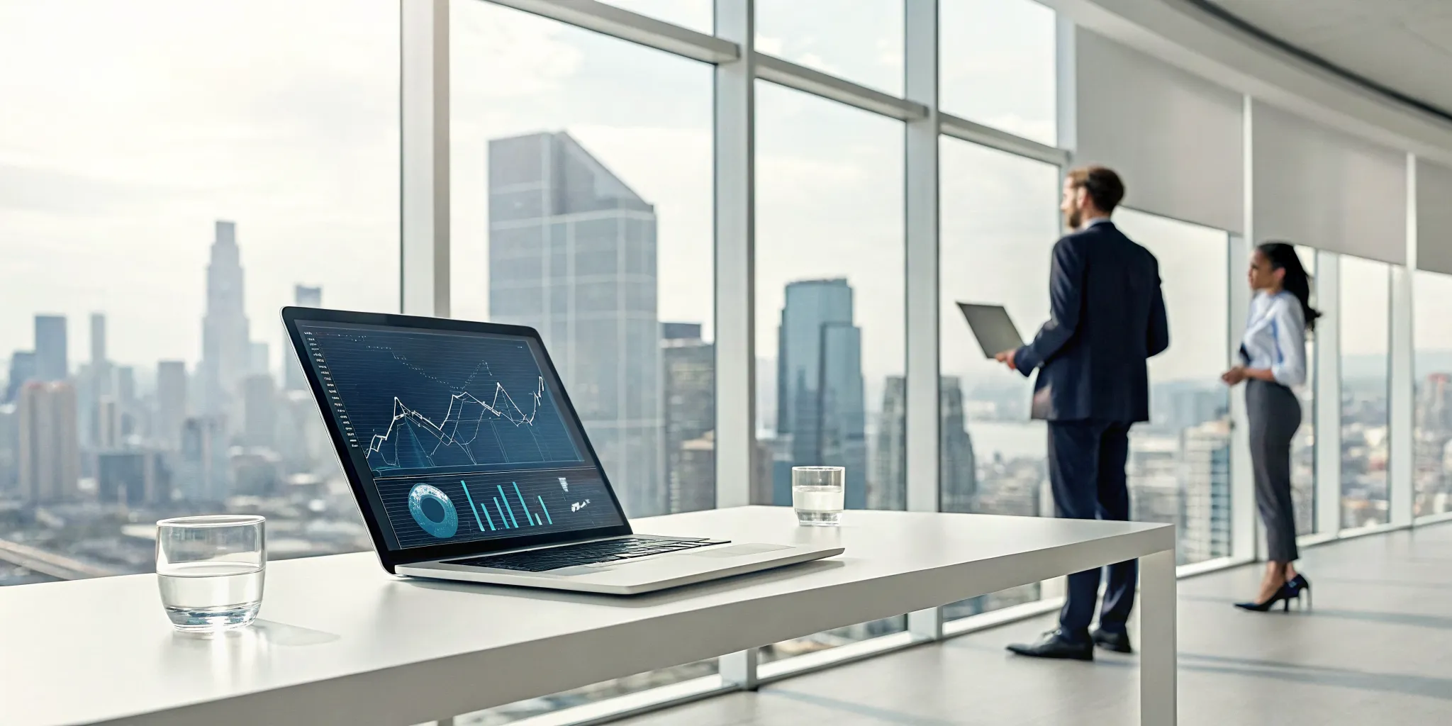 Two professionals discussing IT outsourcing services in an office with a laptop displaying data.